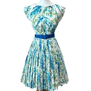 Vintage Blue and Green Floral Pleated Dress with Belt